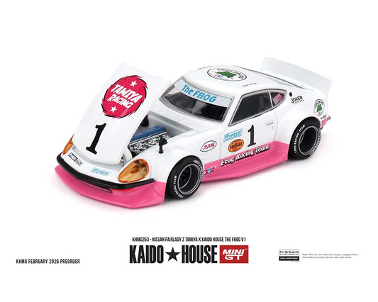 **Preorder** Kaido House x Mini GT 1:64 Nissan Fairlady Z Tamiya x Kaido House The Frog V1 – White/Pink KHMG263