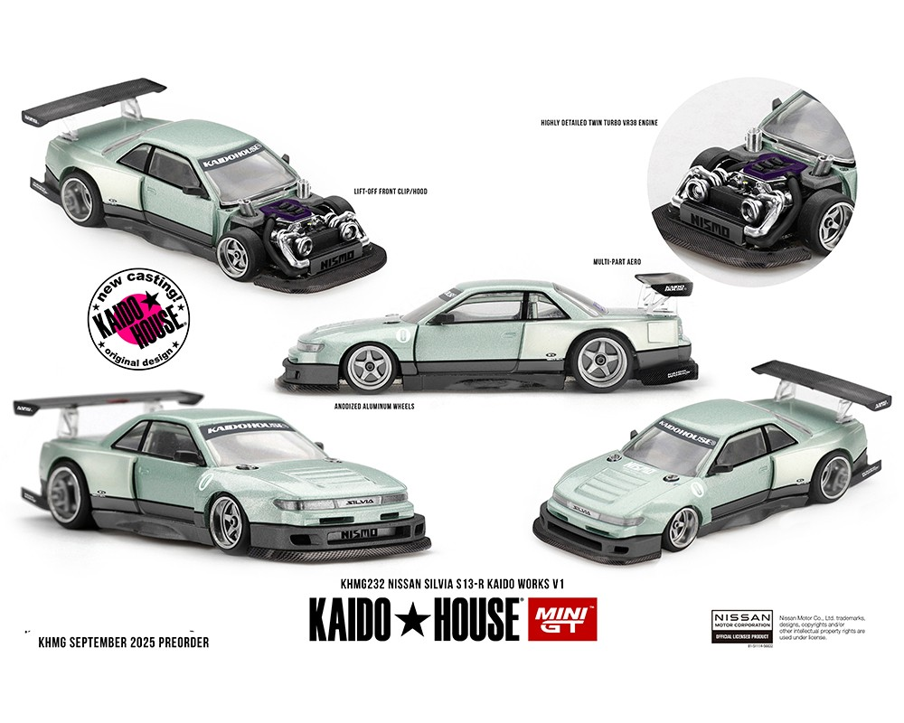 Kaido ★ House x Mini GT 1:64 Nissan Silvia S13-R KAIDO WORKS V1 – Sea Foam Green