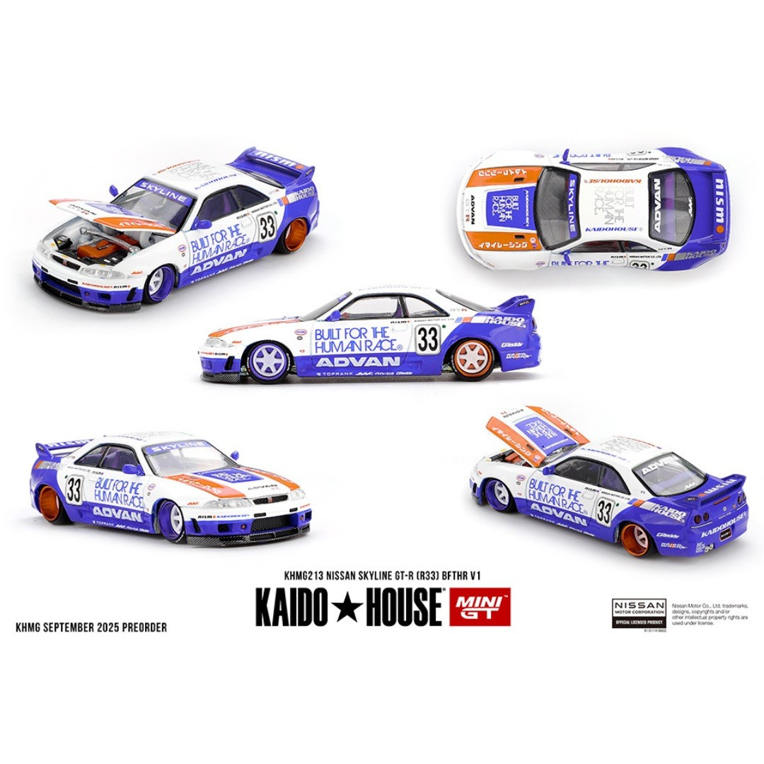**Preorder** Kaido House x Mini GT 1:64 Nissan Skyline GT-R (R33) BFTHR V1 – White w/ Blue Two-tone