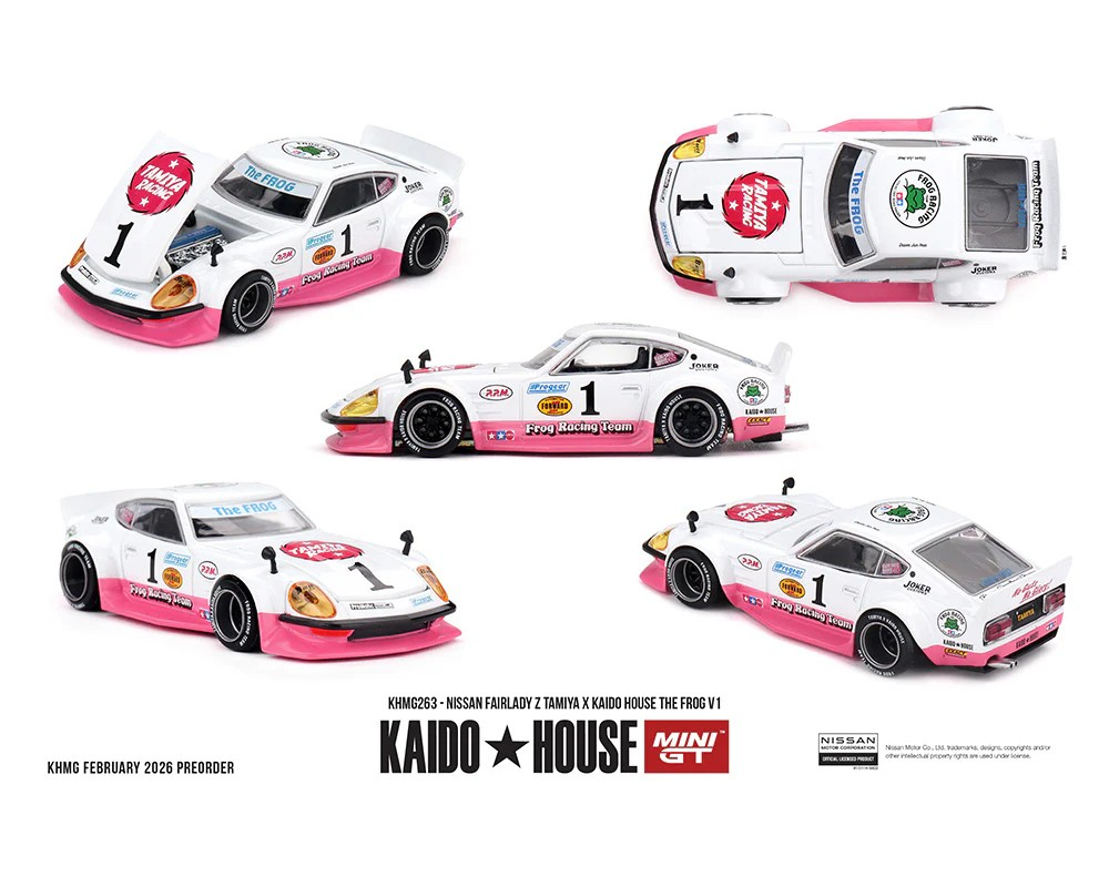 **Preorder** Kaido House x Mini GT 1:64 Nissan Fairlady Z Tamiya x Kaido House The Frog V1 – White/Pink KHMG263