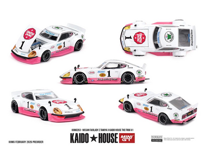 **Preorder** Kaido House x Mini GT 1:64 Nissan Fairlady Z Tamiya x Kaido House The Frog V1 – White/Pink KHMG263