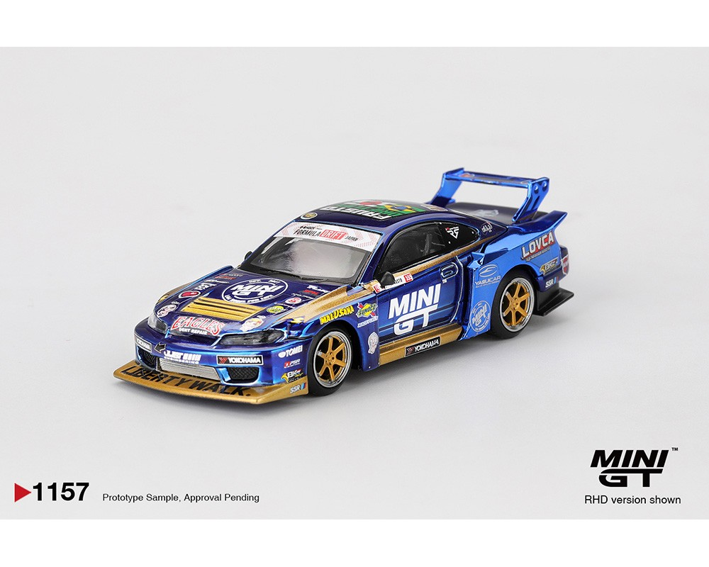 Mini GT 1:64 Nissan LB-Super Silhouette S15 SILVIA #555 Team MINI GT Liberty Walk 2025 Formula Drift – Chrome Blue